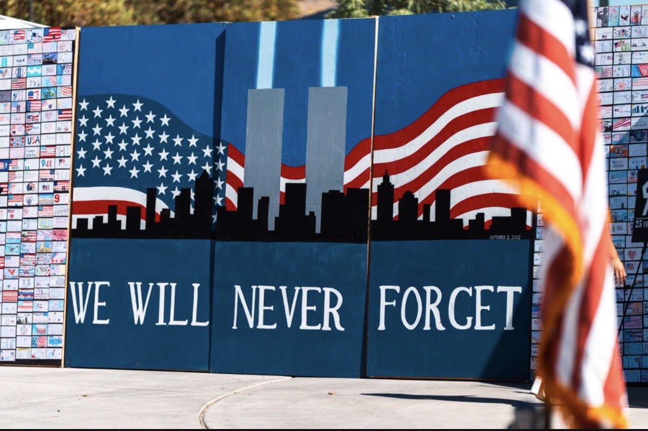 Completed youth-created Las Vegas 9/11 Remembrance Wall with handwritten tribute cards from more than 1,000 CCSD students