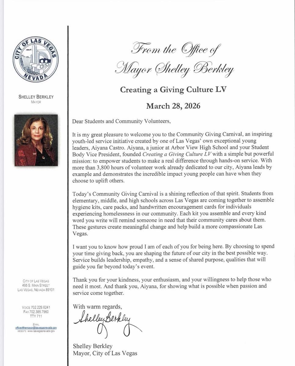 Recognition letter from the Office of Mayor Shelley Berkley to Creating a Giving Culture LV